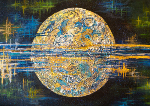 Gleaming  Moon, Original Painting, Acrylic with Gold and Silver Leaf