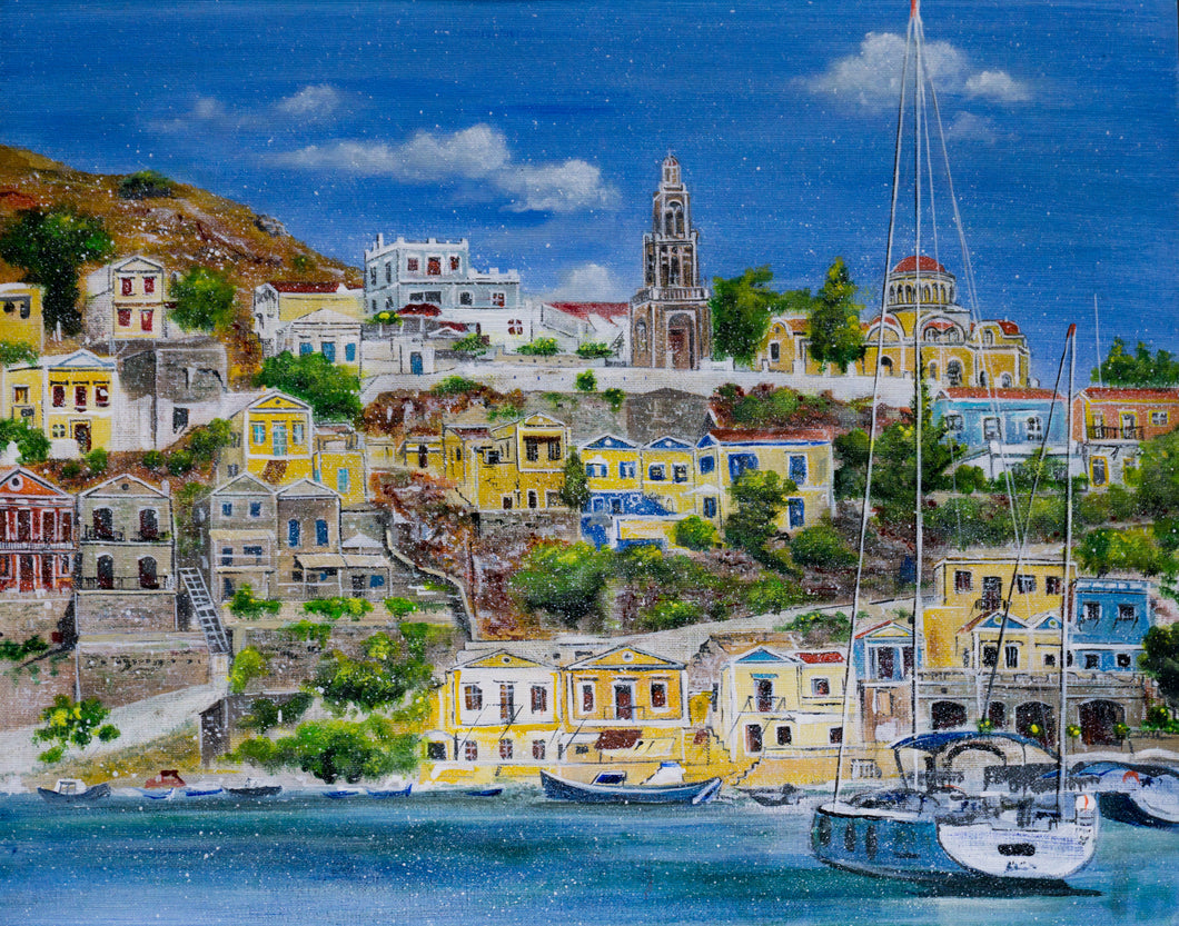 Simi, Greece, Original Acrylic Painting on Canvas Board, Blue, Sea, boats