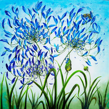 Load image into Gallery viewer, Agapanthus Painting, Original Acrylic Painting on Large Deep Block Canvas, Bumble Bees, Blue, Flowers