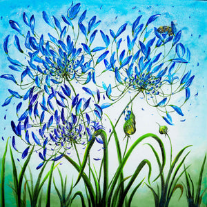 Agapanthus Painting, Original Acrylic Painting on Large Deep Block Canvas, Bumble Bees, Blue, Flowers