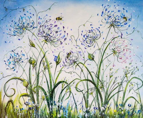 Agapanthus and Bees, Original Acrylic Painting on Canvas Board, Blue, Bees, Blue Agapanthus, Flower