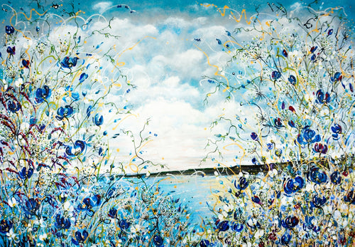 Blue Coastal Flowers - Original Acrylic Painting on Large Deep Block Canvas