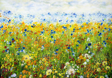 Load image into Gallery viewer, Giclée Print-Sunflower Meadow-Yellow Daisies-Lynette Bower-Sunshine-Summer-Blue Cornflowers-Meadow print- Marigold-Calendula-Gift for her