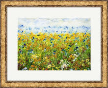 Load image into Gallery viewer, Sunflower Meadow- Giclée Print- Yellow Daisies-Lynette Bower-Sunshine-Summer-Blue Cornflowers-Meadow print- Marigold-Calendula