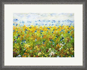 Sunflower Meadow- Giclée Print- Yellow Daisies-Lynette Bower-Sunshine-Summer-Blue Cornflowers-Meadow print- Marigold-Calendula