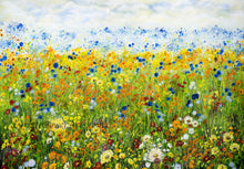 Load image into Gallery viewer, Sunflower Meadow- Giclée Print- Yellow Daisies-Lynette Bower-Sunshine-Summer-Blue Cornflowers-Meadow print- Marigold-Calendula