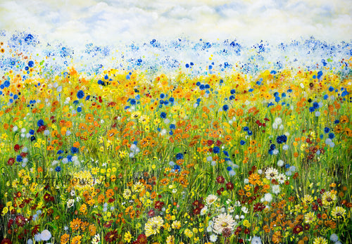 Sunflower Meadow- Giclée Print- Yellow Daisies-Lynette Bower-Sunshine-Summer-Blue Cornflowers-Meadow print- Marigold-Calendula