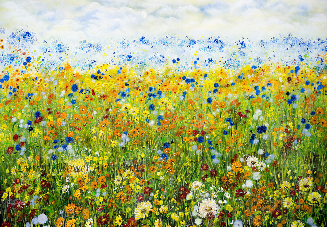 Sunflower Meadow- Giclée Print- Yellow Daisies-Lynette Bower-Sunshine-Summer-Blue Cornflowers-Meadow print- Marigold-Calendula