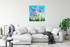 Agapanthus Painting, Original Acrylic Painting on Large Deep Block Canvas, Bumble Bees, Blue, Flowers