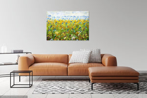 Sunflower Meadow- Giclée Print- Yellow Daisies-Lynette Bower-Sunshine-Summer-Blue Cornflowers-Meadow print- Marigold-Calendula