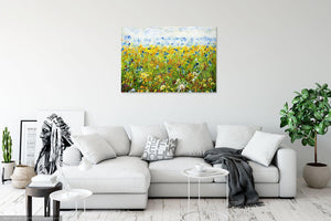 Sunflower Meadow- Giclée Print- Yellow Daisies-Lynette Bower-Sunshine-Summer-Blue Cornflowers-Meadow print- Marigold-Calendula