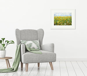 Sunflower Meadow- Giclée Print- Yellow Daisies-Lynette Bower-Sunshine-Summer-Blue Cornflowers-Meadow print- Marigold-Calendula